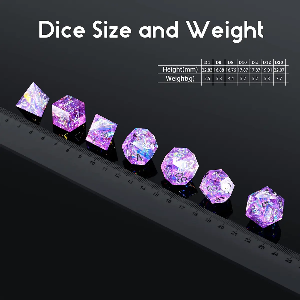 DNDND Sharp Edge Dice Set, Handmade 7 Piece DND Dice with Gift Case for DND Dungeons and Dragon Game (Purple with Silver Number) | Handmade Resin RPG Dice - view 5