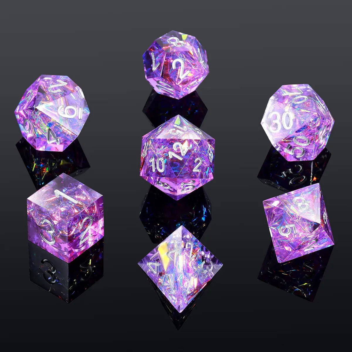 DNDND Sharp Edge Dice Set, Handmade 7 Piece DND Dice with Gift Case for DND Dungeons and Dragon Game (Purple with Silver Number) | Handmade Resin RPG Dice - view 6