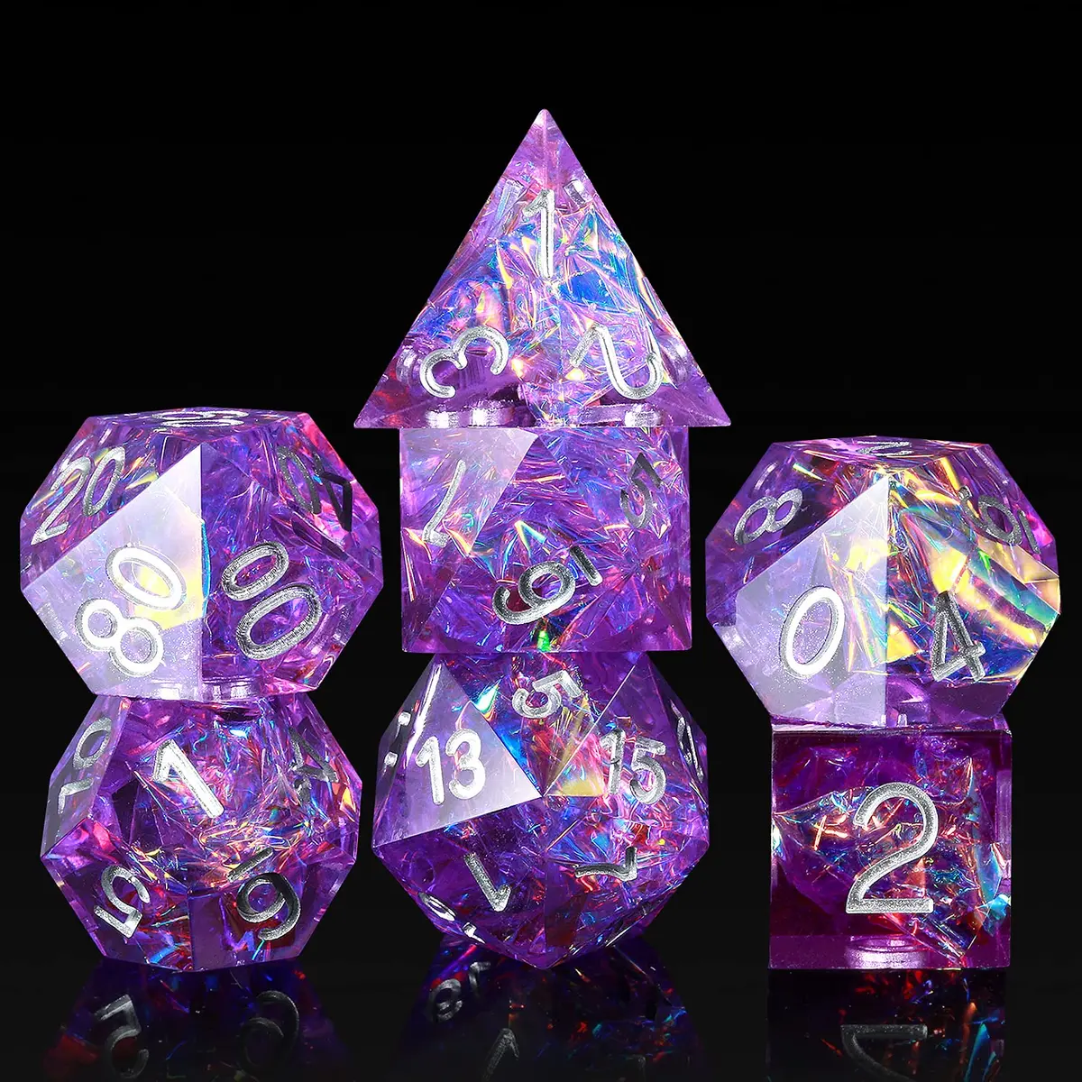 DNDND Sharp Edge Dice Set, Handmade 7 Piece DND Dice with Gift Case for DND Dungeons and Dragon Game (Purple with Silver Number) | Handmade Resin RPG Dice - main product image