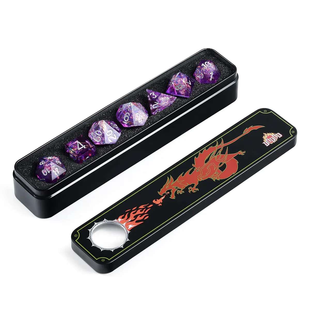DNDND Sharp Edge Dice Set, Handmade 7 Piece DND Dice with Gift Case for DND Dungeons and Dragon Game (Purple with Silver Number) | Handmade Resin RPG Dice - view 2