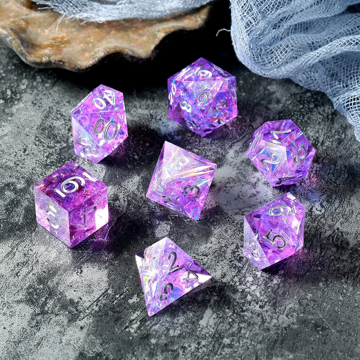 DNDND Sharp Edge Dice Set, Handmade 7 Piece DND Dice with Gift Case for DND Dungeons and Dragon Game (Purple with Silver Number) | Handmade Resin RPG Dice - view 3