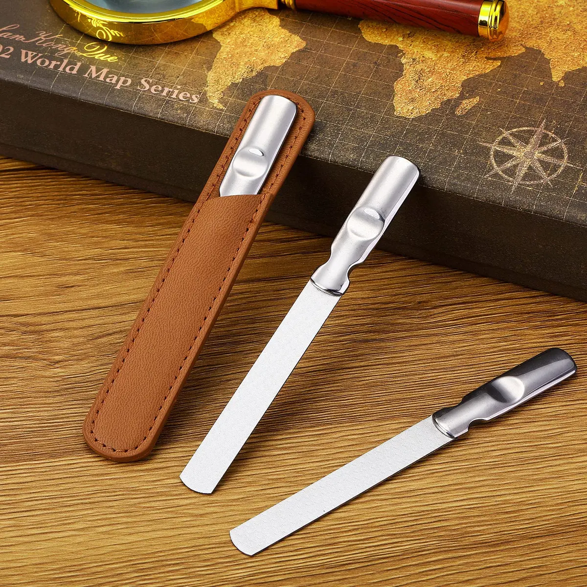 Honoson Stainless Steel Nail Files with Leather Sheath | Heavy Duty Double Sided Manicure Set (Brown) - view 6