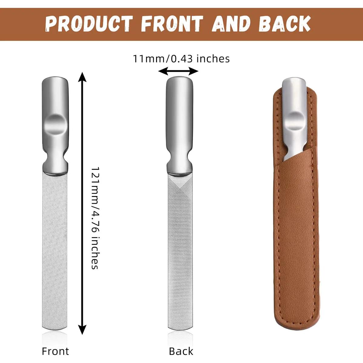Honoson Stainless Steel Nail Files with Leather Sheath | Heavy Duty Double Sided Manicure Set (Brown) - view 2
