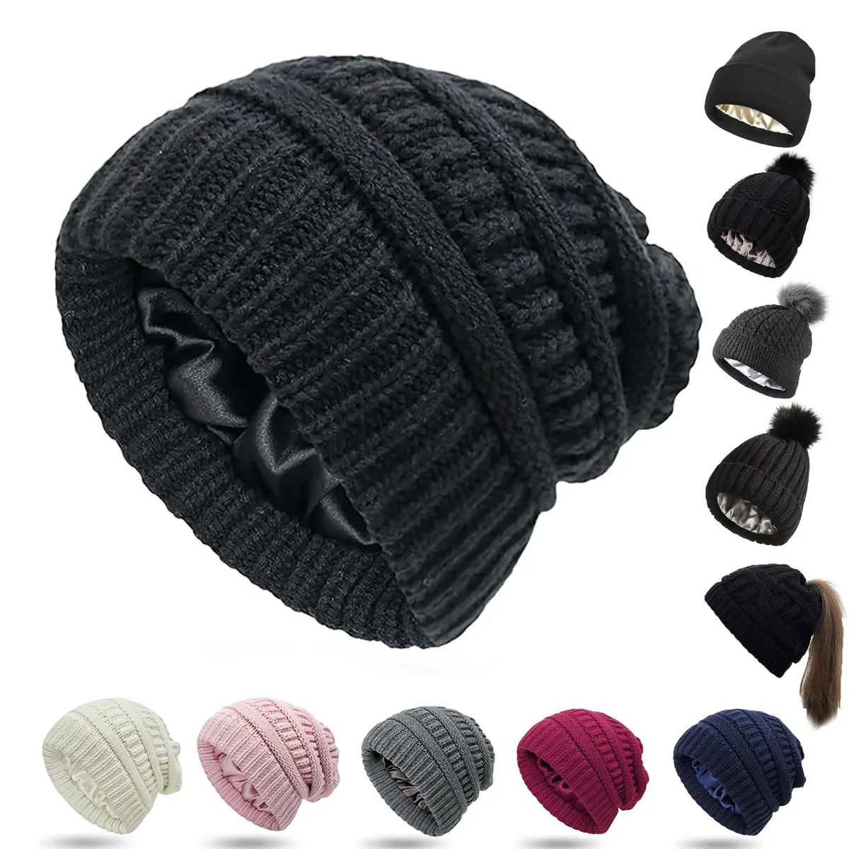 Salalacap Womens Satin Lined Winter Beanie Cable Knit Thick Chunky Hat (Large-Slouchy-Black) | Warm, Moisture-Resistant - main product image
