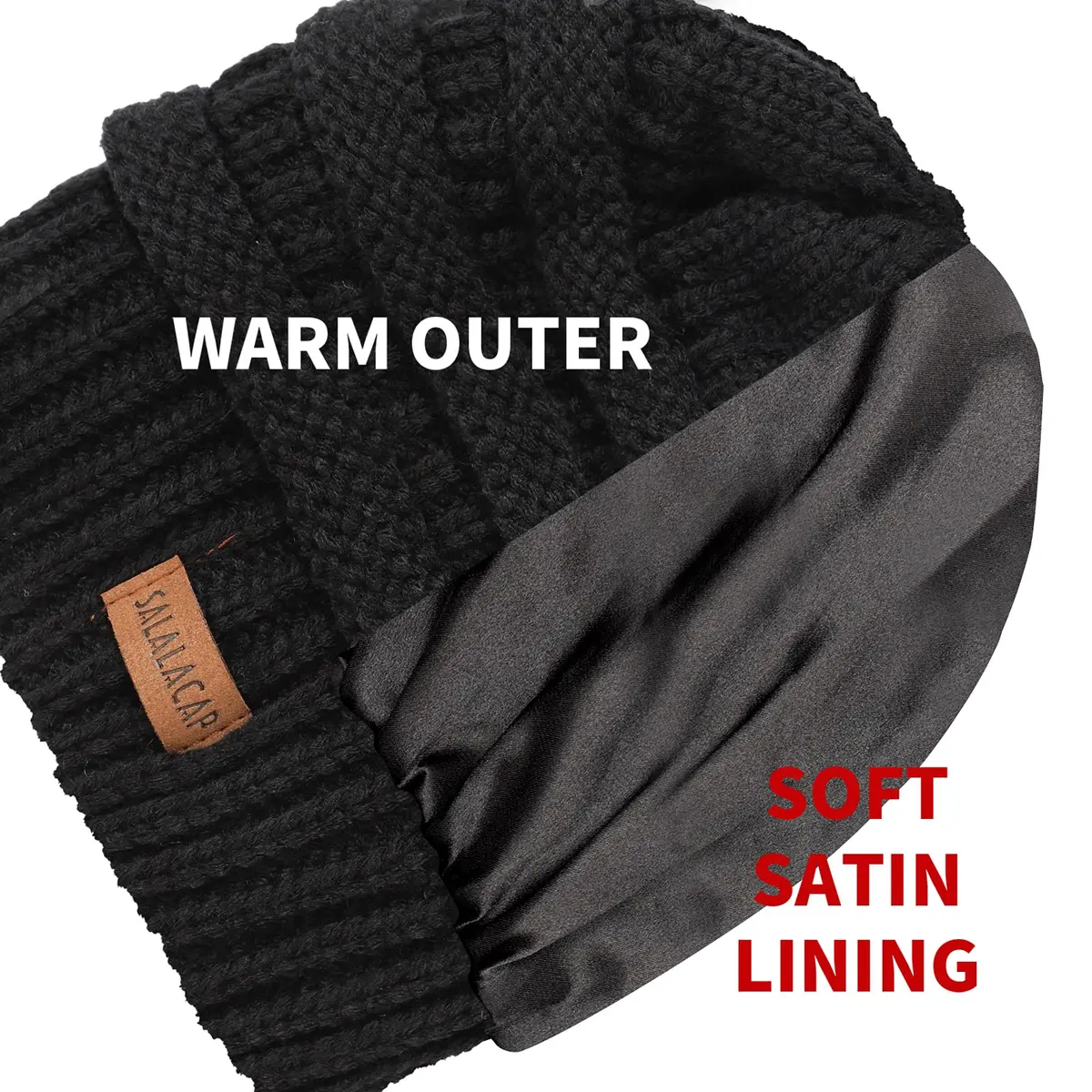 Salalacap Womens Satin Lined Winter Beanie Cable Knit Thick Chunky Hat (Large-Slouchy-Black) | Warm, Moisture-Resistant - view 5