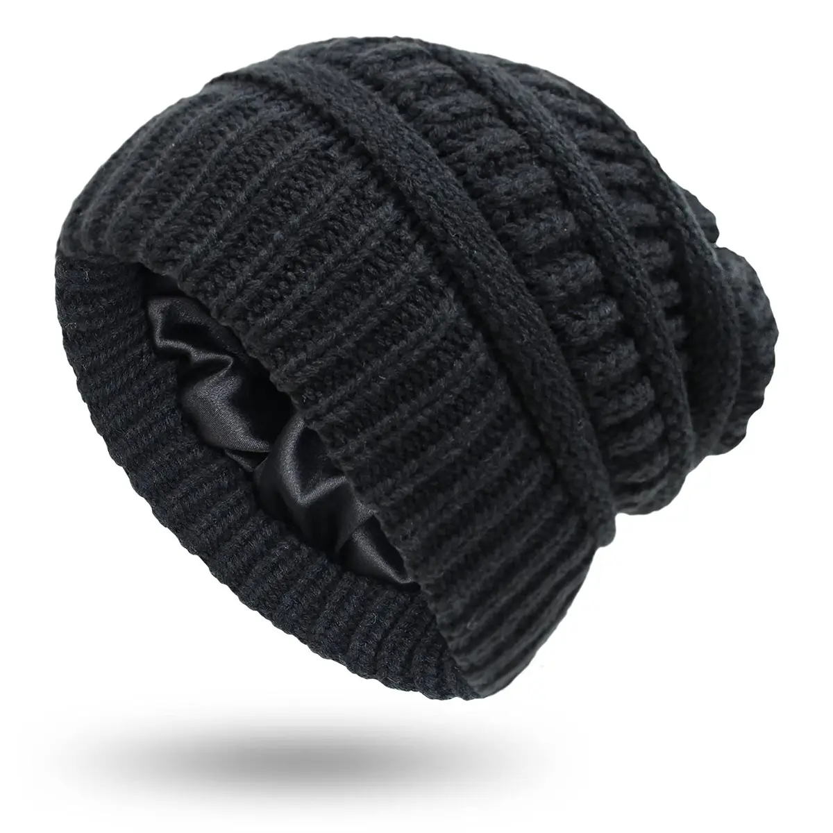 Salalacap Womens Satin Lined Winter Beanie Cable Knit Thick Chunky Hat (Large-Slouchy-Black) | Warm, Moisture-Resistant - view 2