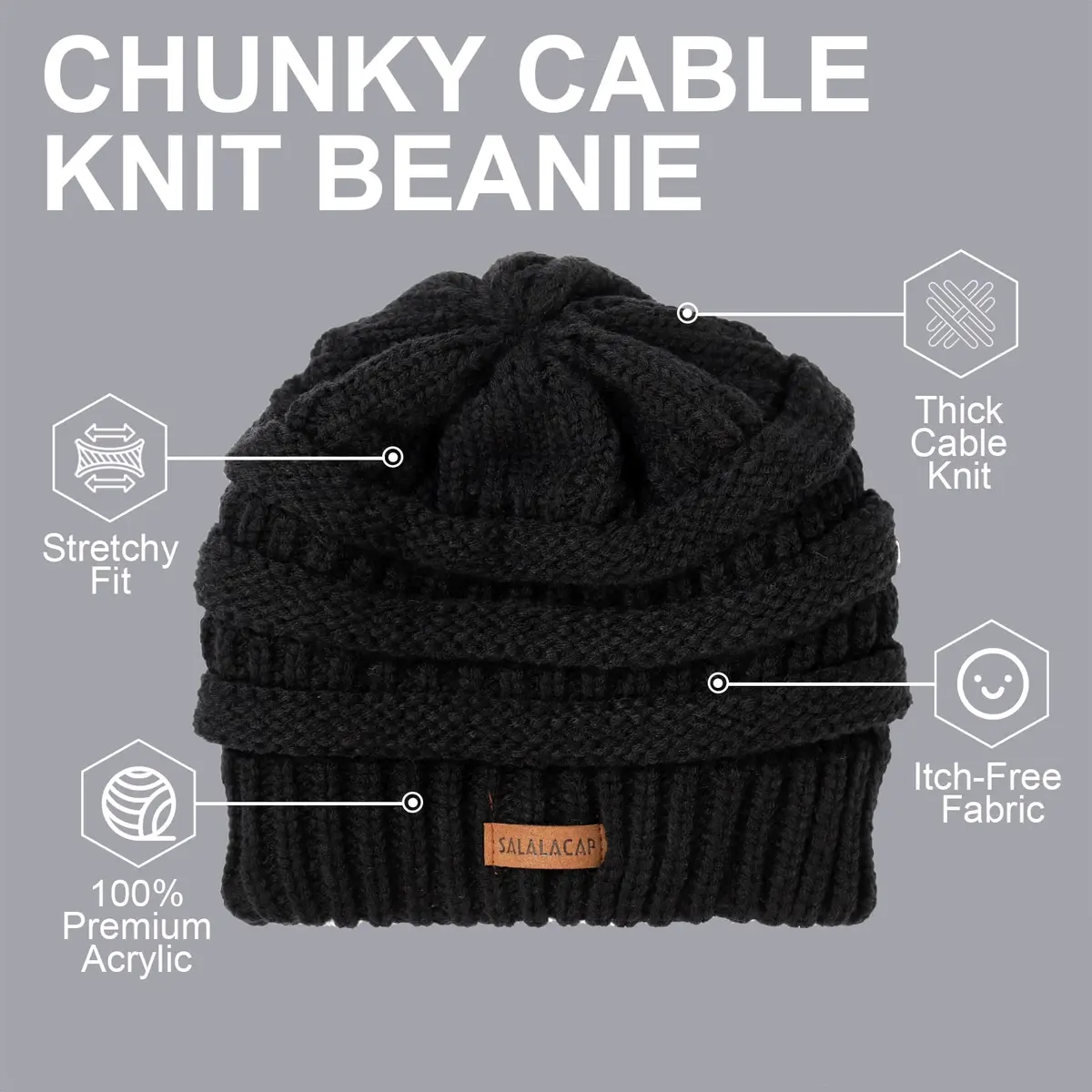 Salalacap Womens Satin Lined Winter Beanie Cable Knit Thick Chunky Hat (Large-Slouchy-Black) | Warm, Moisture-Resistant - view 4