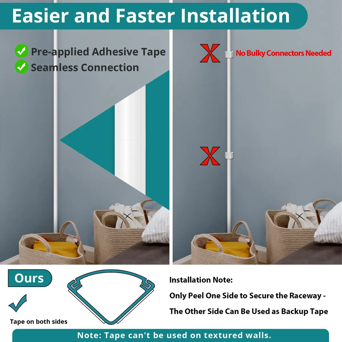 ZhiYo Corner Cable Hider 85in (2.16m) Total Length | Paintable PVC Raceway for 1-2 Wires - view 4