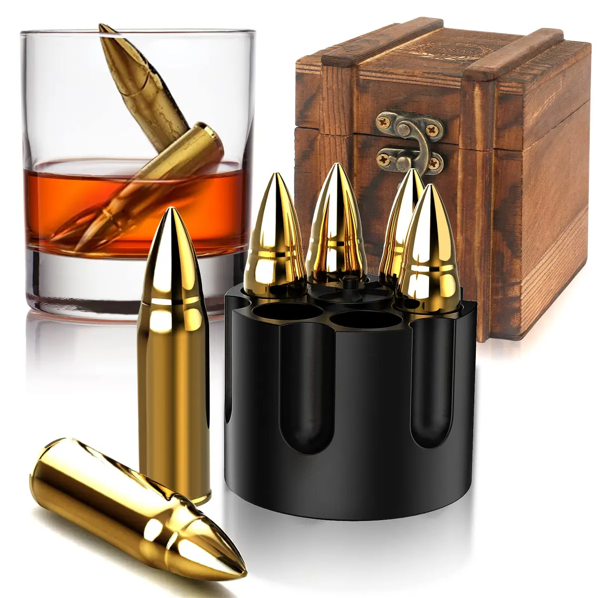 Chouggo Whiskey Bullet Stones with Wooden Case | Stainless Steel Ice Cubes for Men & Gift - main product image