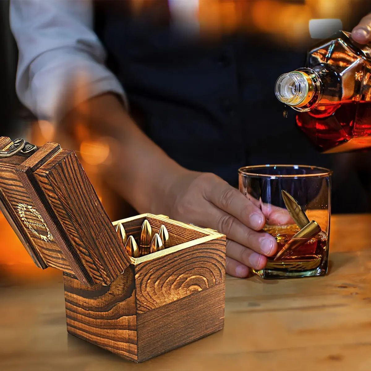 Chouggo Whiskey Bullet Stones with Wooden Case | Stainless Steel Ice Cubes for Men & Gift - view 3