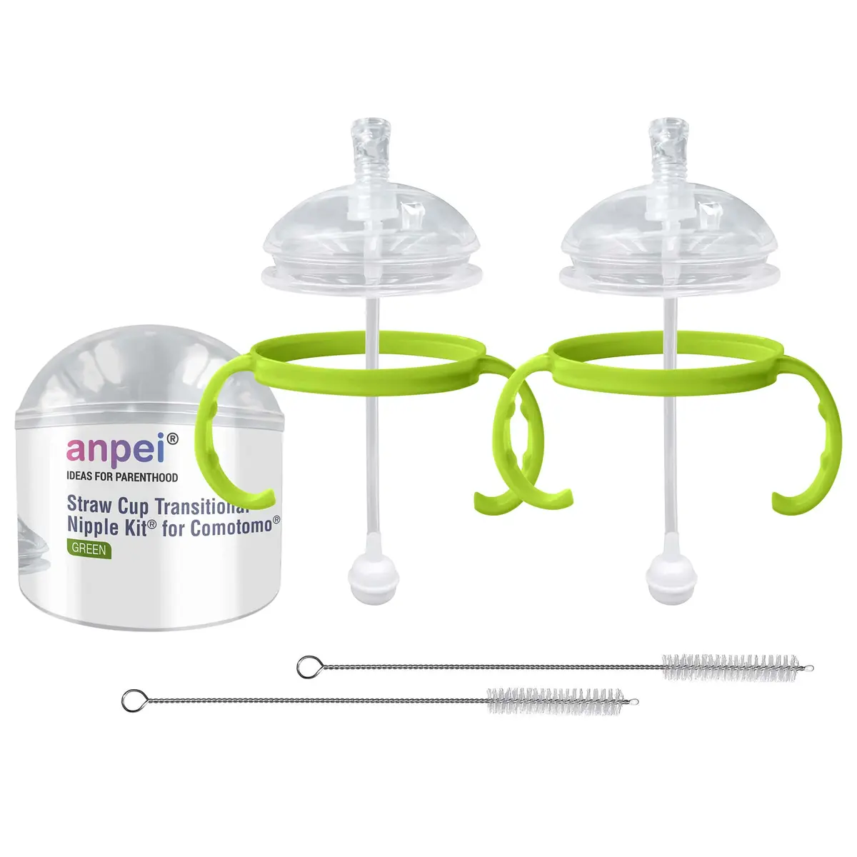 ANPEI Straw Transition Cup Kit for Comotomo Baby Bottles 2 Pack (Green) | Converts 5 & 8 oz Bottles to Sippy Cups - main product image