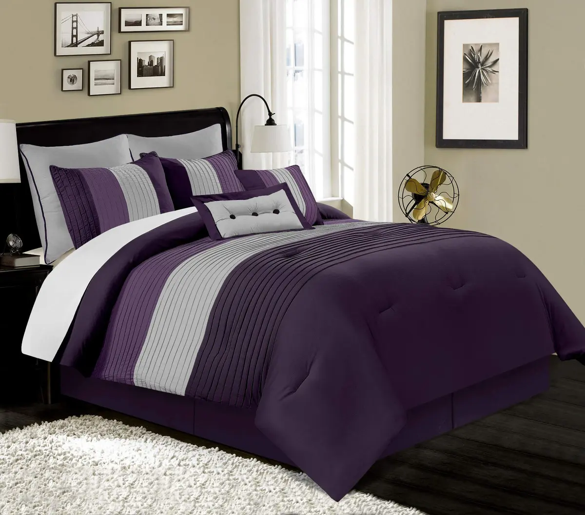 Chezmoi Collection Loft 8-Piece Striped Comforter Set Queen, Purple/Gray/Lavender | Contemporary Bedding - main product image