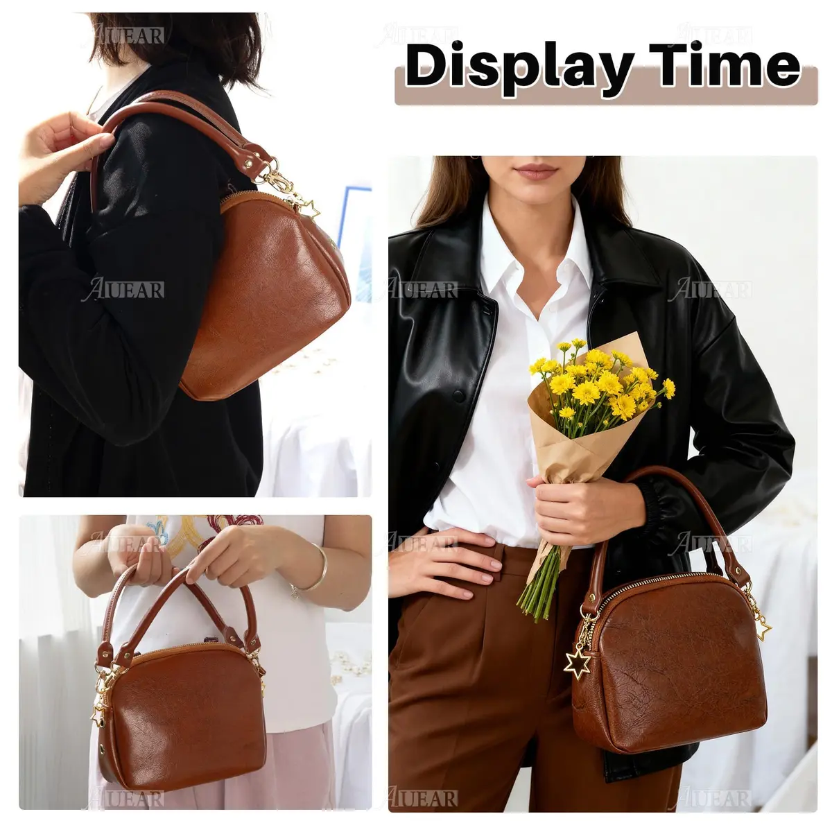 AUEAR Replacement Handbag Straps Brown PU Leather 39.88 cm (15.7 Inches) | 2 Pack with Gold Metal Lobster Buckles - view 5