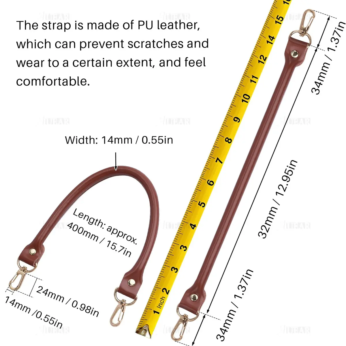 AUEAR Replacement Handbag Straps Brown PU Leather 39.88 cm (15.7 Inches) | 2 Pack with Gold Metal Lobster Buckles - view 2