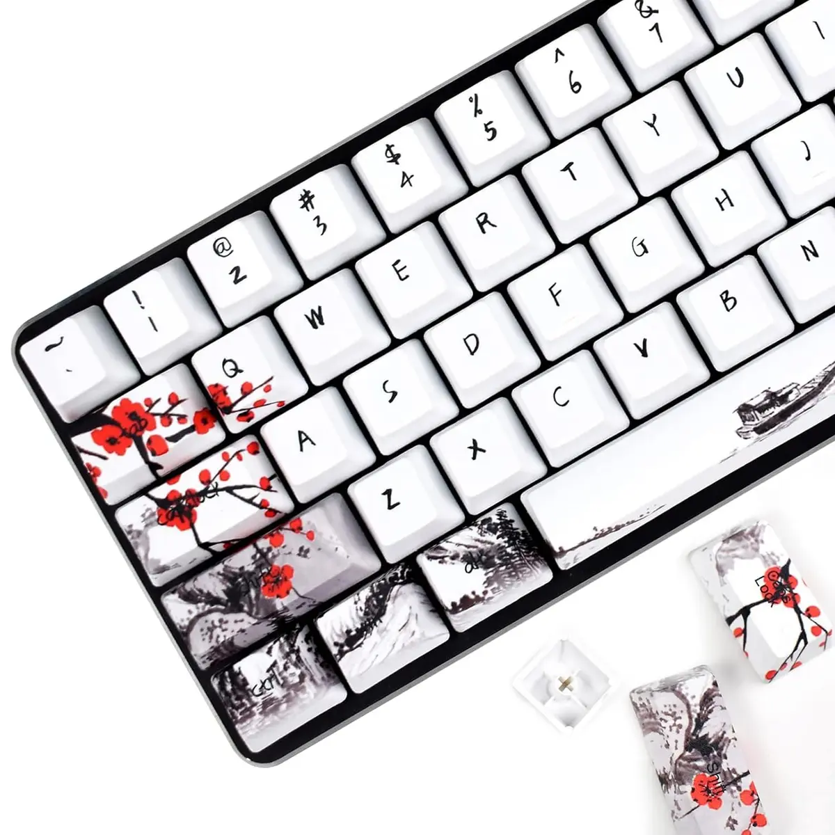 MOLGRIA Keycaps 71 Set for Gaming Mechanical Keyboard | Custom PBT OEM Profile Key caps Japanese Style with Keycap Puller (Plum Blossom, 71 Keys) - main product image