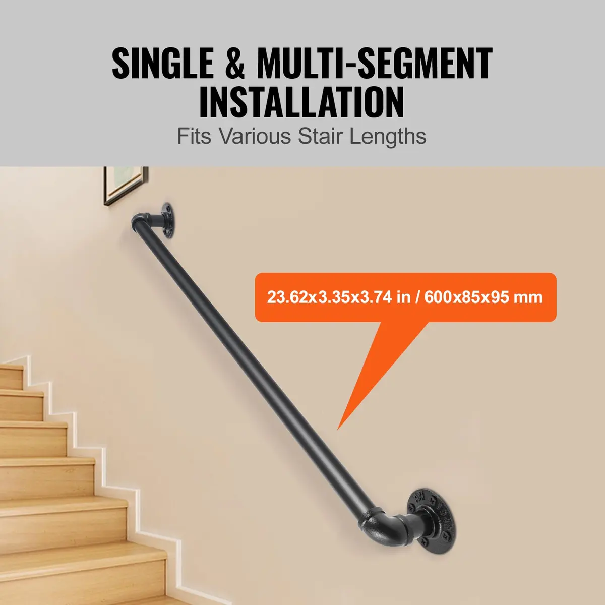 VEVOR Pipe Stair Handrail 2ft (0.6m) | Industrial Carbon Steel with 200kg Load Capacity - view 5