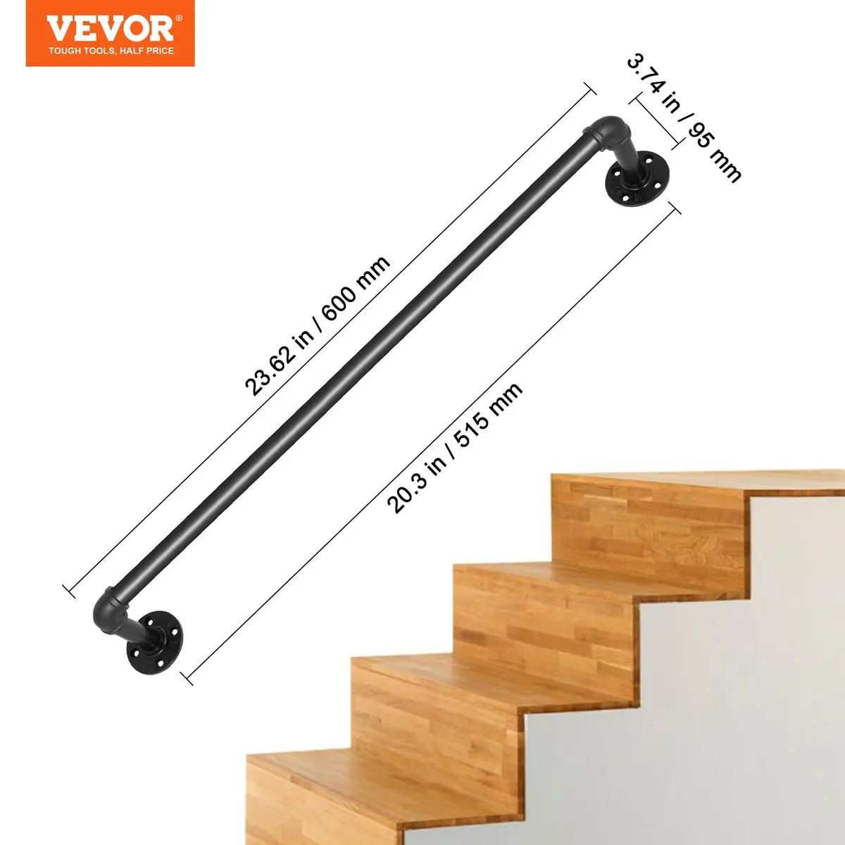 VEVOR Pipe Stair Handrail 2ft (0.6m) | Industrial Carbon Steel with 200kg Load Capacity - view 8