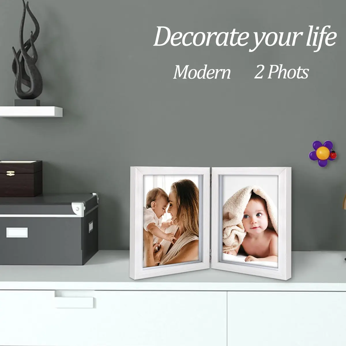 AVEAX Double 5x7 Picture Frame White Wood Shadow Box | Modern Wall & Tabletop Display - view 7