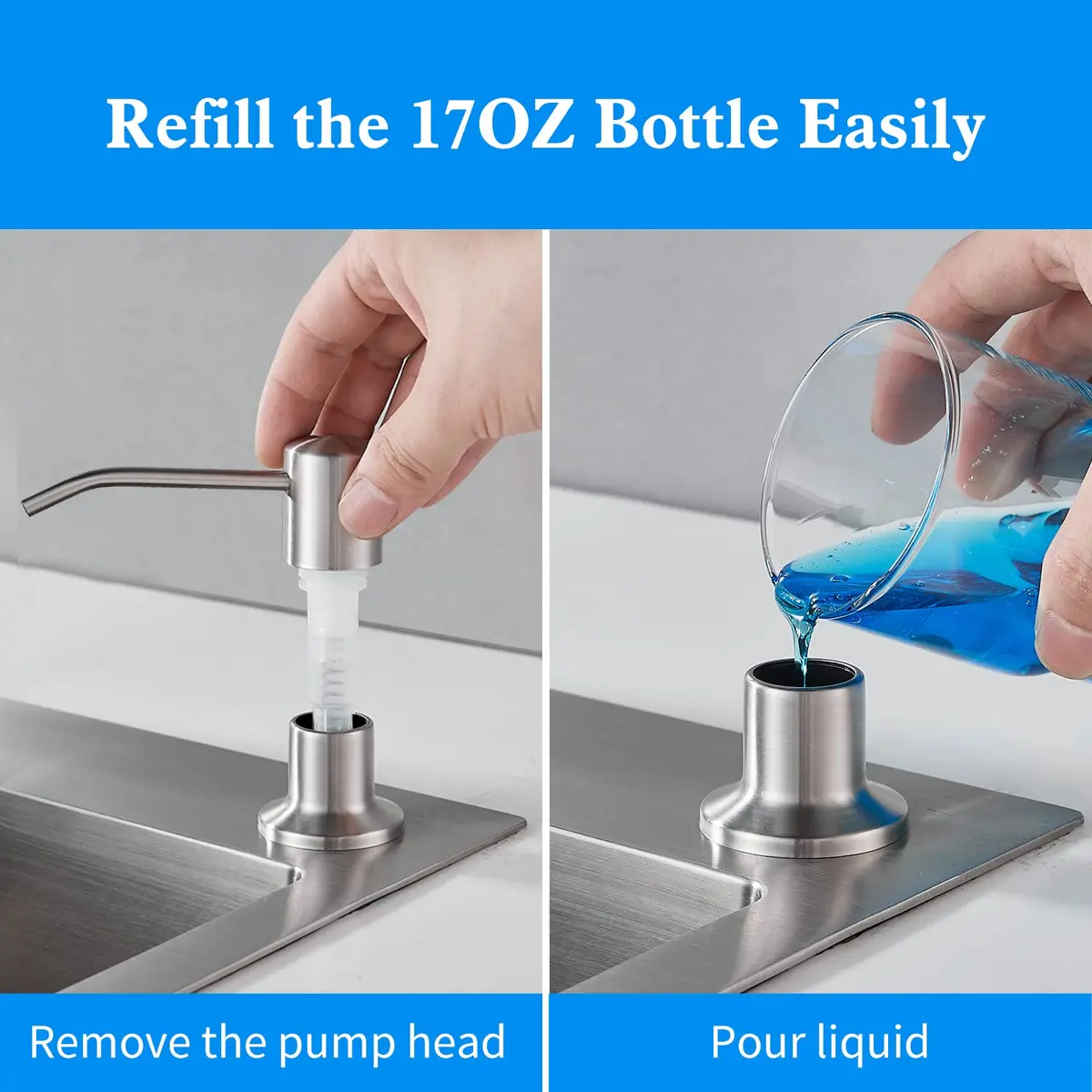 DOILIESE Built-in Soap Dispenser 500ml (17oz) | Brushed Nickel Stainless Steel Countertop Pump Head - view 4