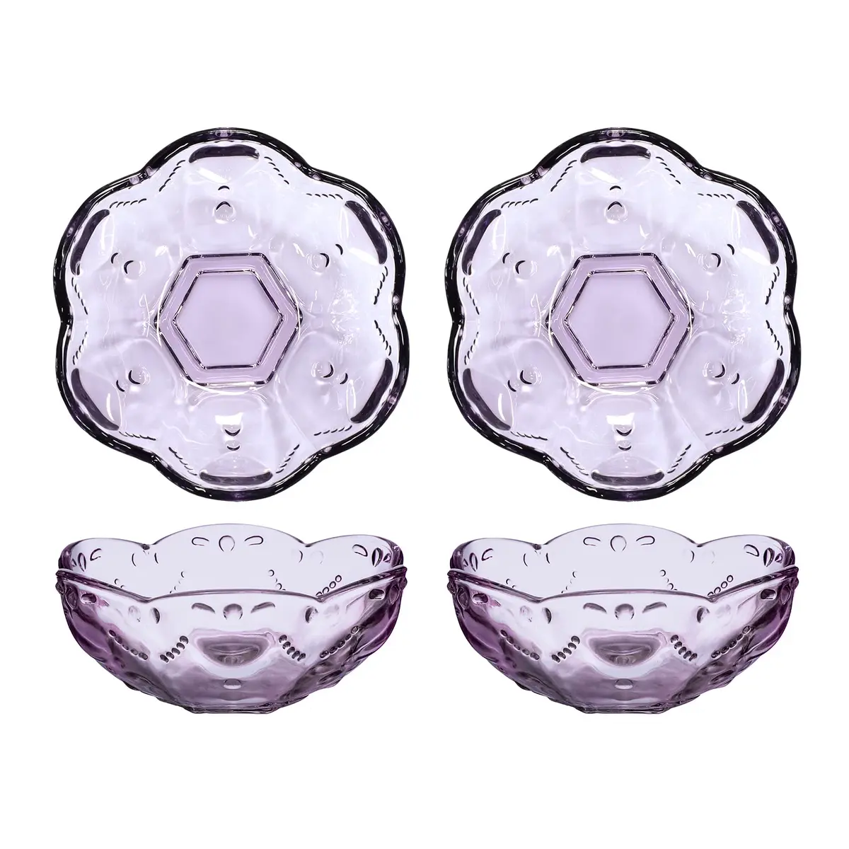 CHOOLD 4pcs Vintage Romantic Glass Sakura Shape Heart Embossed Dessert Bowl - Ice Cream, Trifle, Salad Dish - Purple, 8oz - main product image