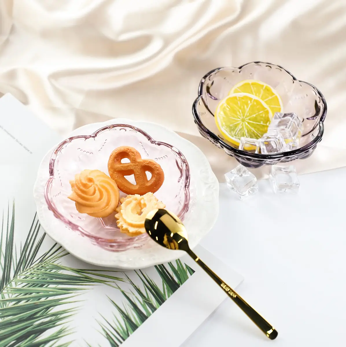 CHOOLD 4pcs Vintage Romantic Glass Sakura Shape Heart Embossed Dessert Bowl - Ice Cream, Trifle, Salad Dish - Purple, 8oz - view 5