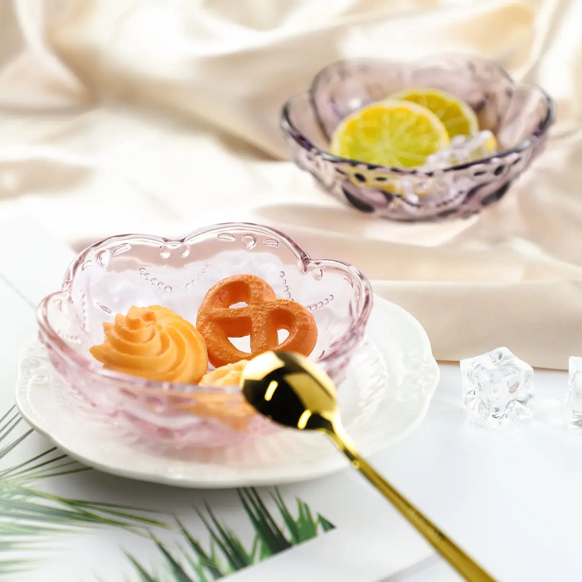 CHOOLD 4pcs Vintage Romantic Glass Sakura Shape Heart Embossed Dessert Bowl - Ice Cream, Trifle, Salad Dish - Purple, 8oz - view 6