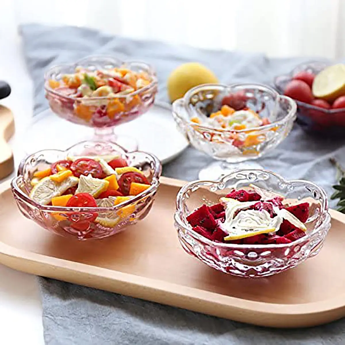 CHOOLD 4pcs Vintage Romantic Glass Sakura Shape Heart Embossed Dessert Bowl - Ice Cream, Trifle, Salad Dish - Purple, 8oz - view 7