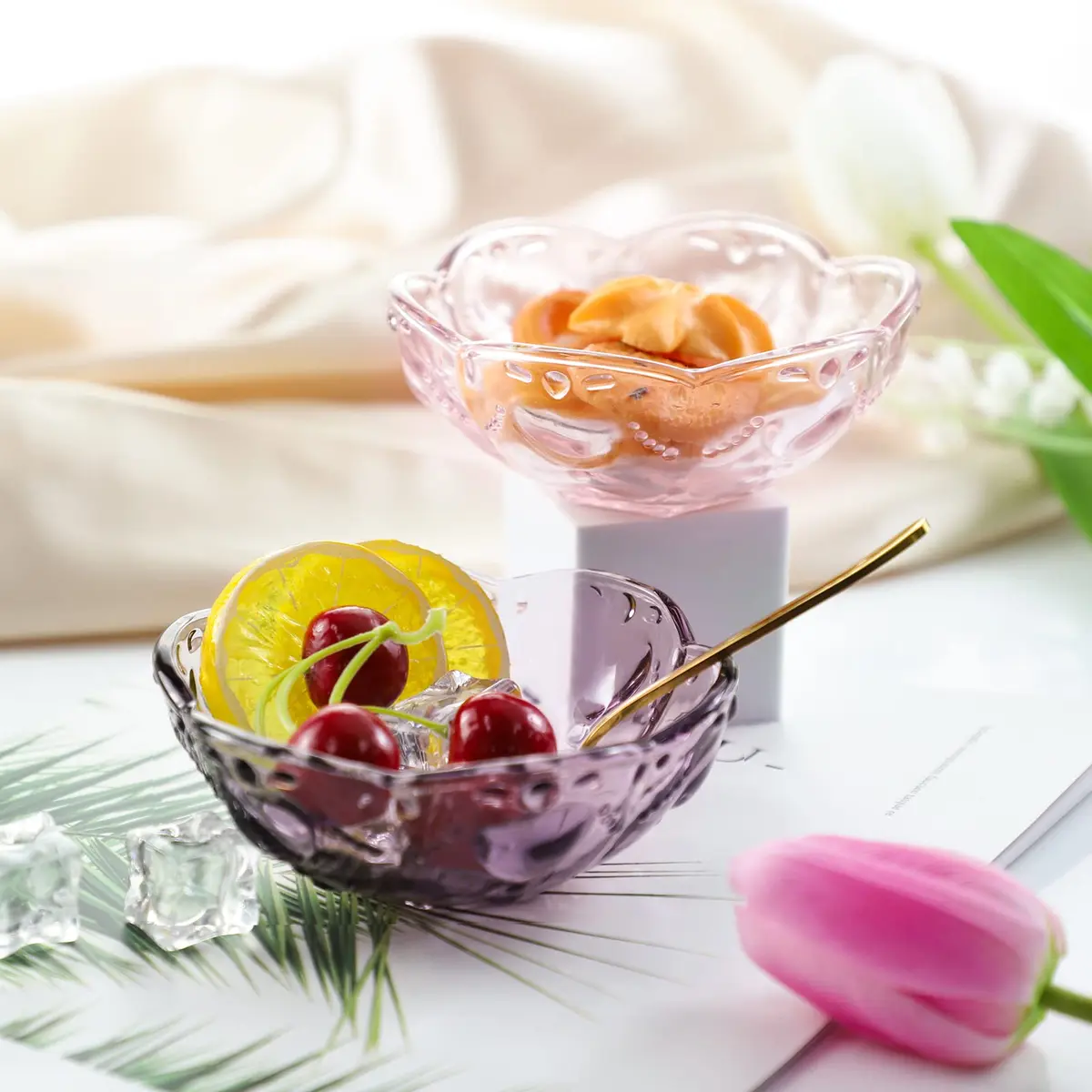CHOOLD 4pcs Vintage Romantic Glass Sakura Shape Heart Embossed Dessert Bowl - Ice Cream, Trifle, Salad Dish - Purple, 8oz - view 3