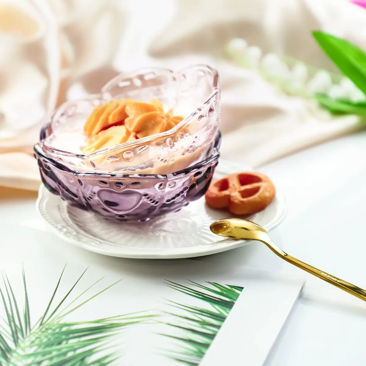 CHOOLD 4pcs Vintage Romantic Glass Sakura Shape Heart Embossed Dessert Bowl - Ice Cream, Trifle, Salad Dish - Purple, 8oz - view 4