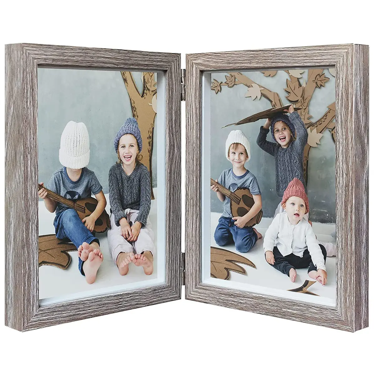 AVEAX Double 5x7 Picture Frame Grey Wood Shadow Box Frame | Modern, Sturdy MDF, Real Glass, 2 Openings (5x7), Vertical - main product image