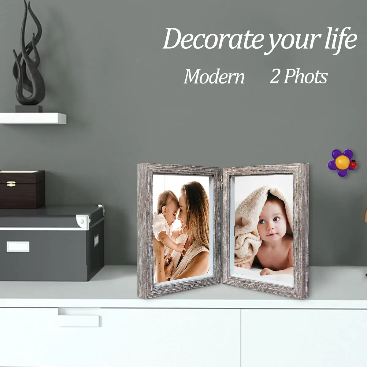 AVEAX Double 5x7 Picture Frame Grey Wood Shadow Box Frame | Modern, Sturdy MDF, Real Glass, 2 Openings (5x7), Vertical - view 7
