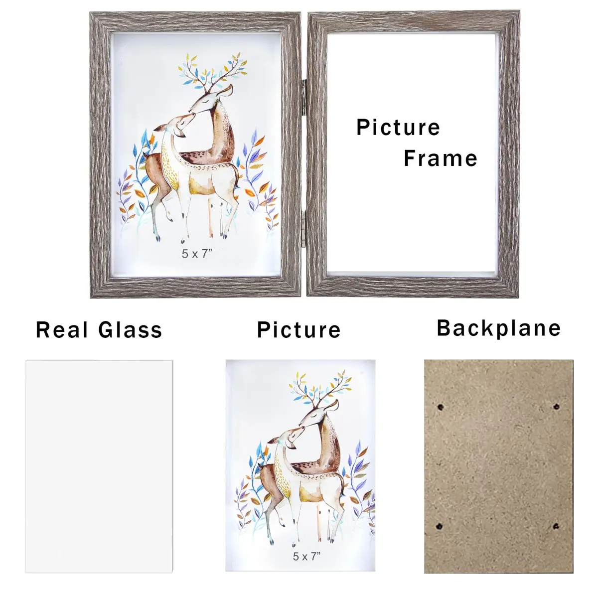 AVEAX Double 5x7 Picture Frame Grey Wood Shadow Box Frame | Modern, Sturdy MDF, Real Glass, 2 Openings (5x7), Vertical - view 3