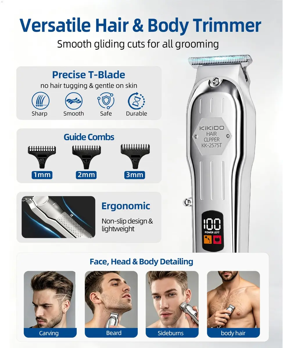 KIKIDO Cordless Hair Clippers for Men Professional Home Hair Cutting Kit | 11 Guide Combs, Rechargeable, LED Display - view 5