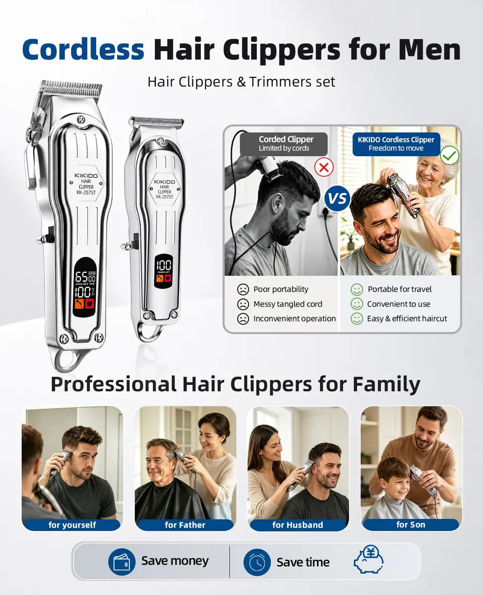 KIKIDO Cordless Hair Clippers for Men Professional Home Hair Cutting Kit | 11 Guide Combs, Rechargeable, LED Display - view 2