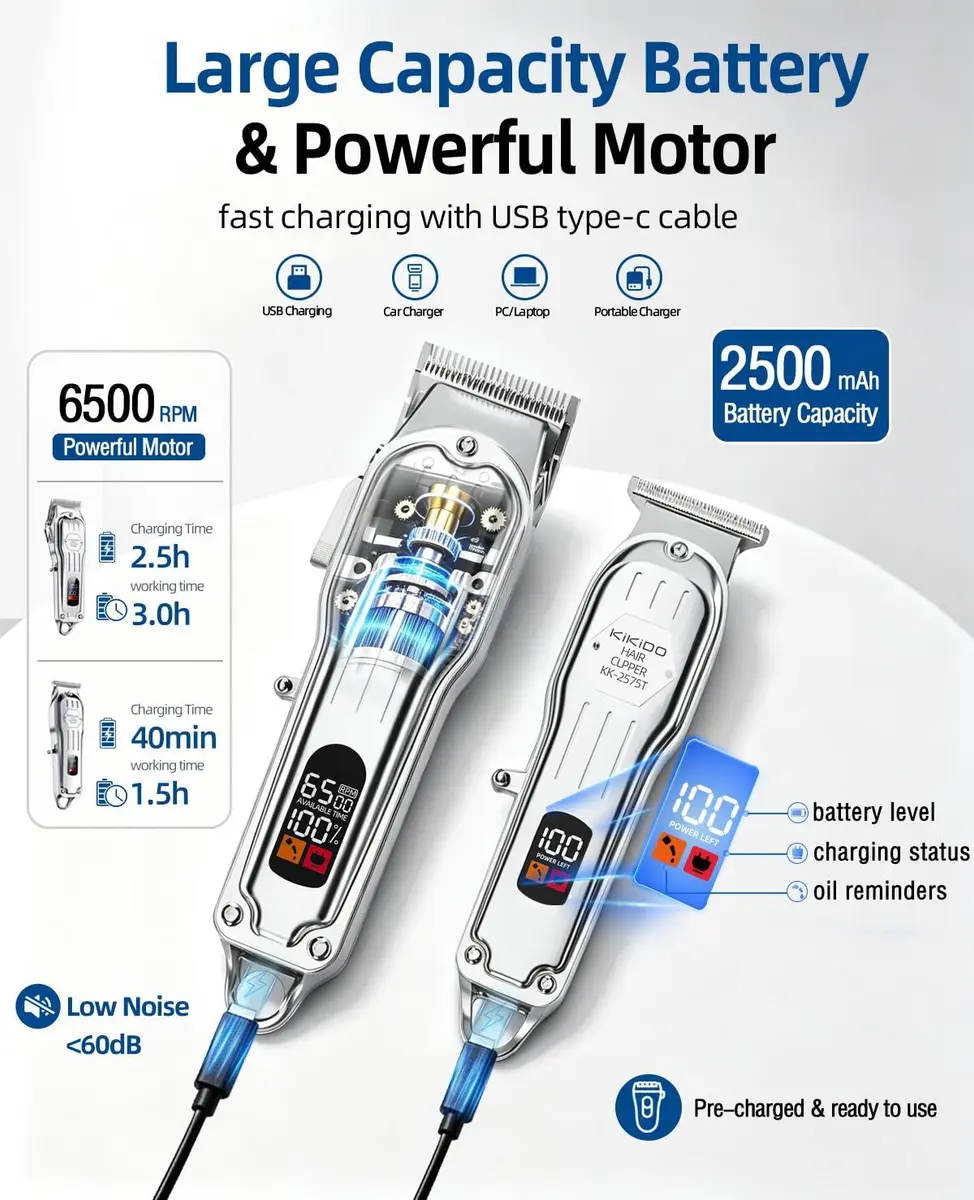 KIKIDO Cordless Hair Clippers for Men Professional Home Hair Cutting Kit | 11 Guide Combs, Rechargeable, LED Display - view 3