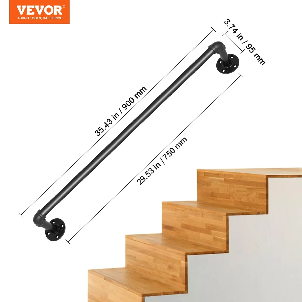 VEVOR Pipe Stair Handrail 3FT (0.9m) | 440LBS Load Capacity Industrial Carbon Steel Staircase Handrail with Wall Mount Support - view 7