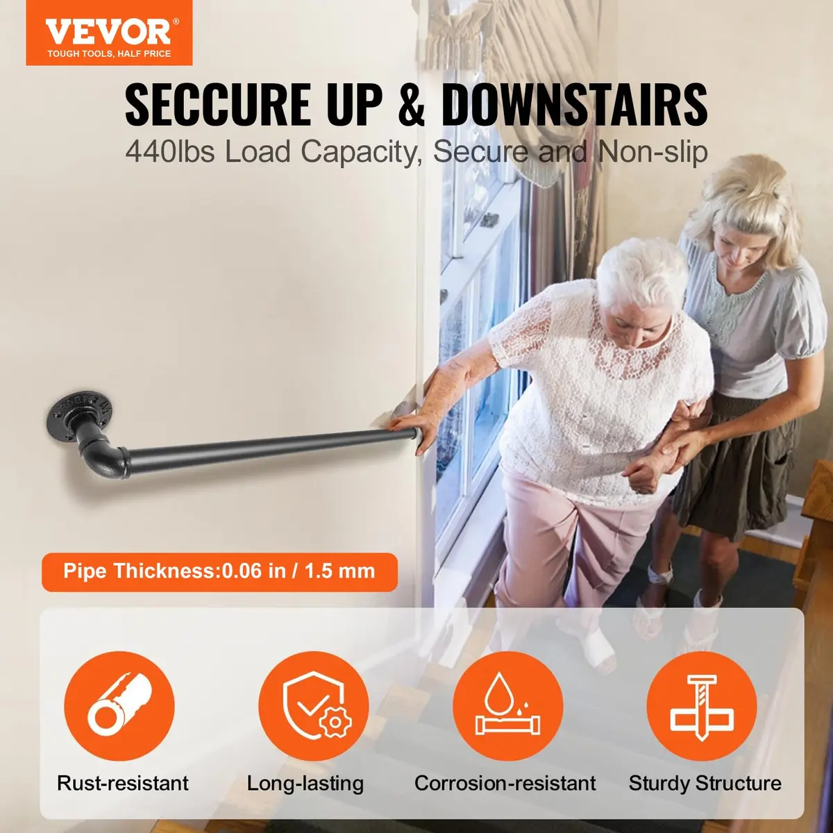 VEVOR Pipe Stair Handrail 3FT (0.9m) | 440LBS Load Capacity Industrial Carbon Steel Staircase Handrail with Wall Mount Support - view 2