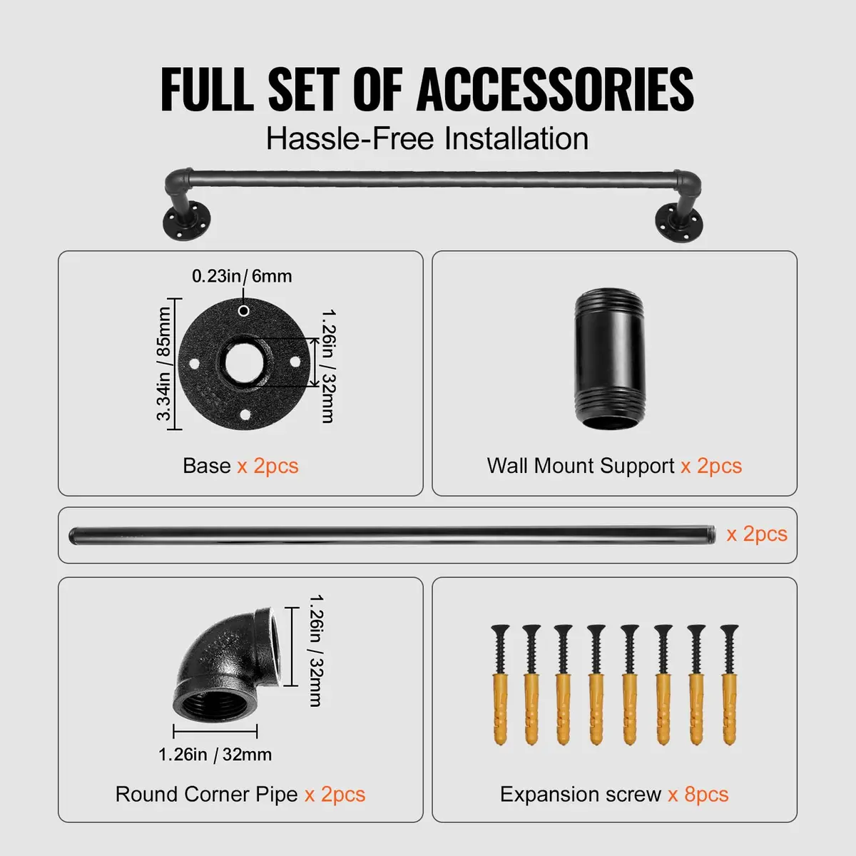 VEVOR Pipe Stair Handrail 3FT (0.9m) | 440LBS Load Capacity Industrial Carbon Steel Staircase Handrail with Wall Mount Support - view 3