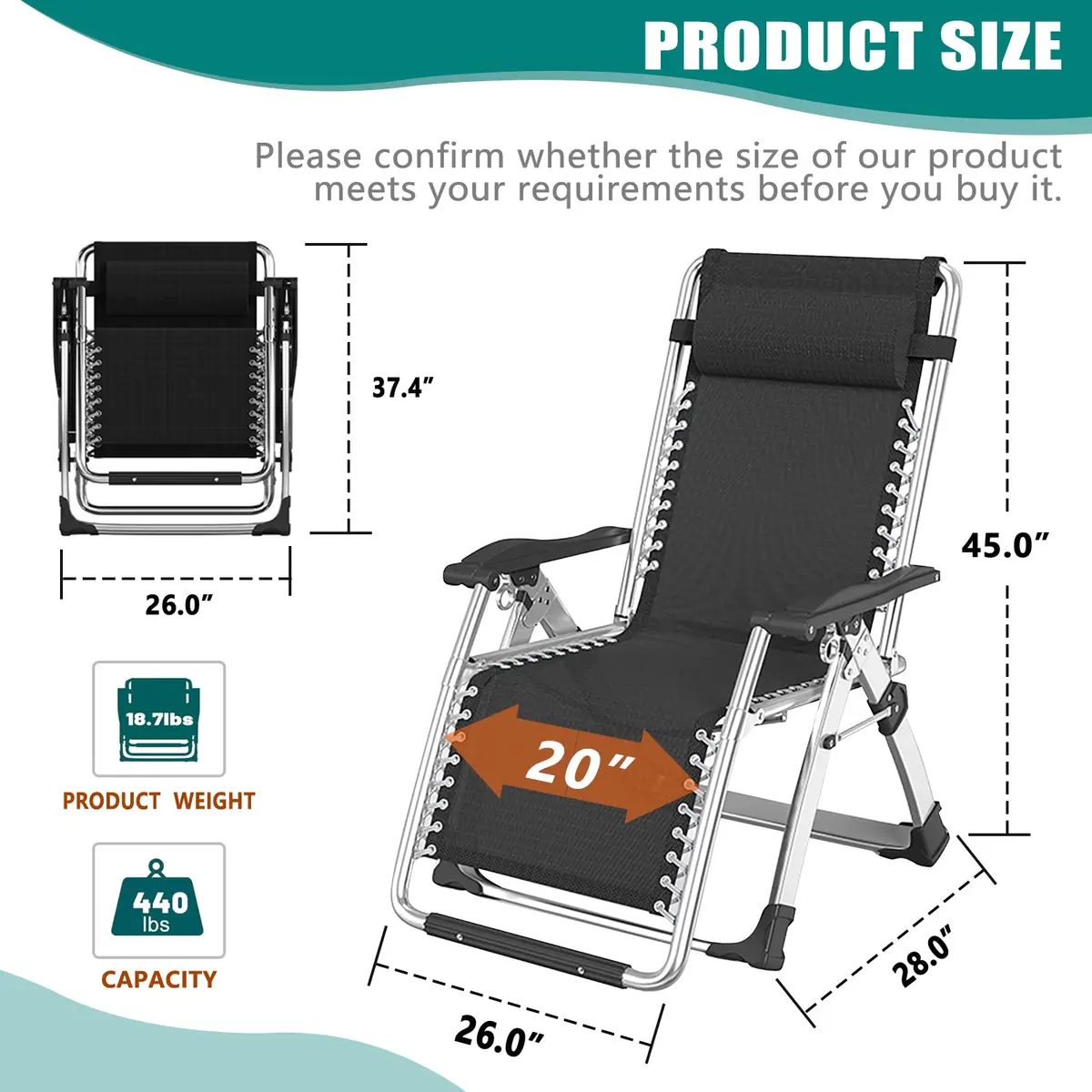 DoCred Zero Gravity Chair, Heavy Duty Folding Reclining Lounge Chairs | Supports 440 lbs, Adjustable & Portable - view 6