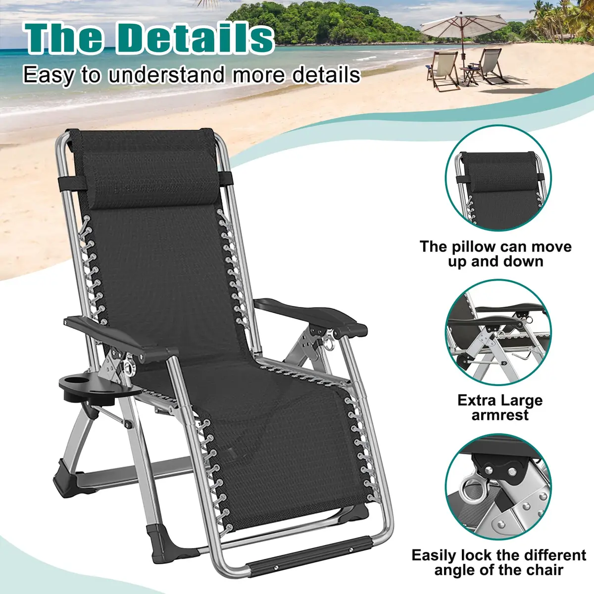 DoCred Zero Gravity Chair, Heavy Duty Folding Reclining Lounge Chairs | Supports 440 lbs, Adjustable & Portable - view 8