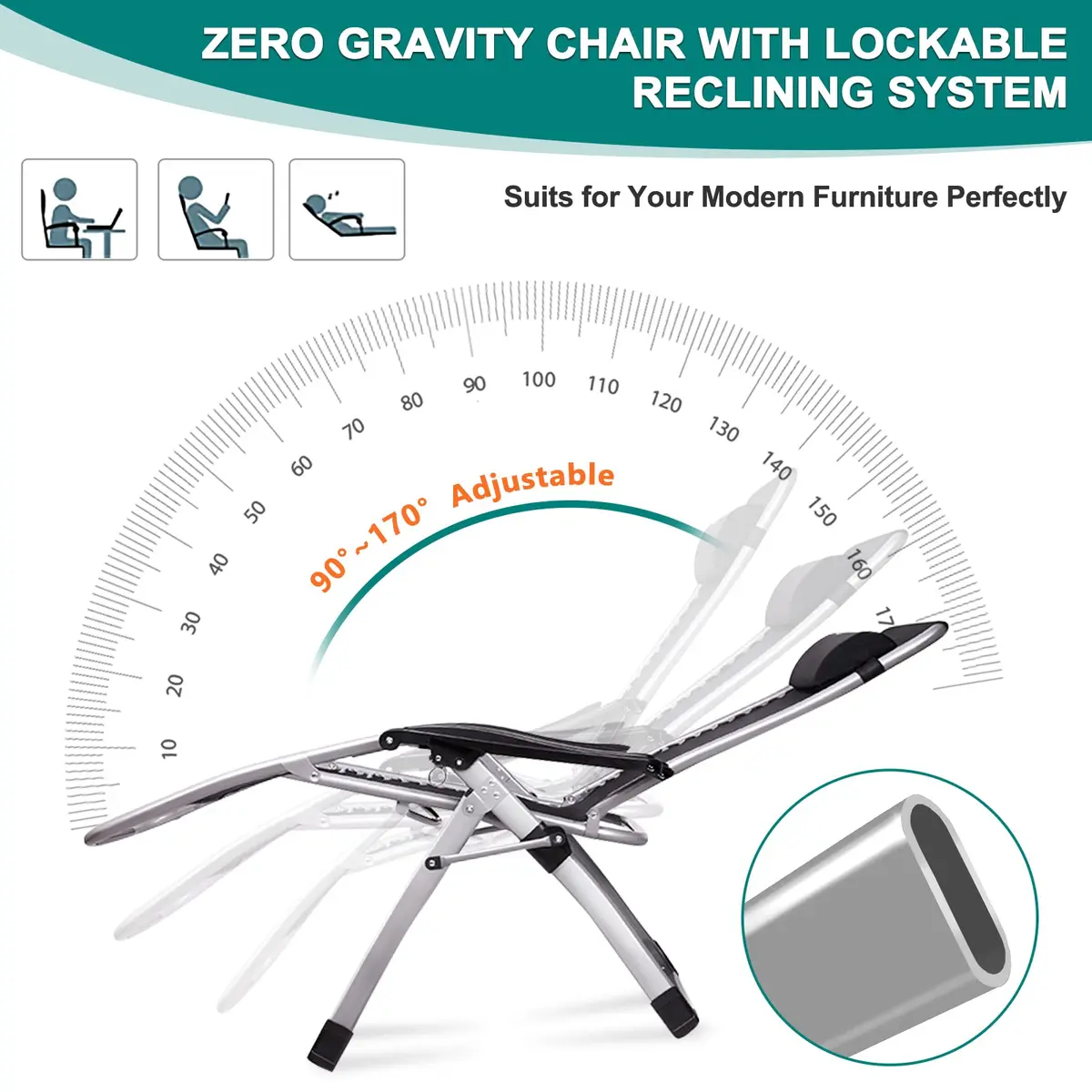 DoCred Zero Gravity Chair, Heavy Duty Folding Reclining Lounge Chairs | Supports 440 lbs, Adjustable & Portable - view 2