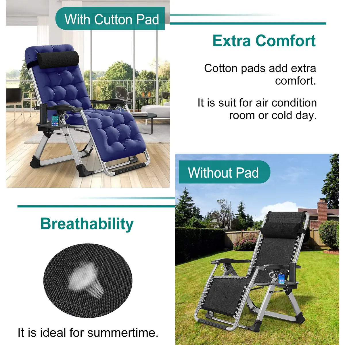 DoCred Zero Gravity Chair, Heavy Duty Folding Reclining Lounge Chairs | Supports 440 lbs, Adjustable & Portable - view 4