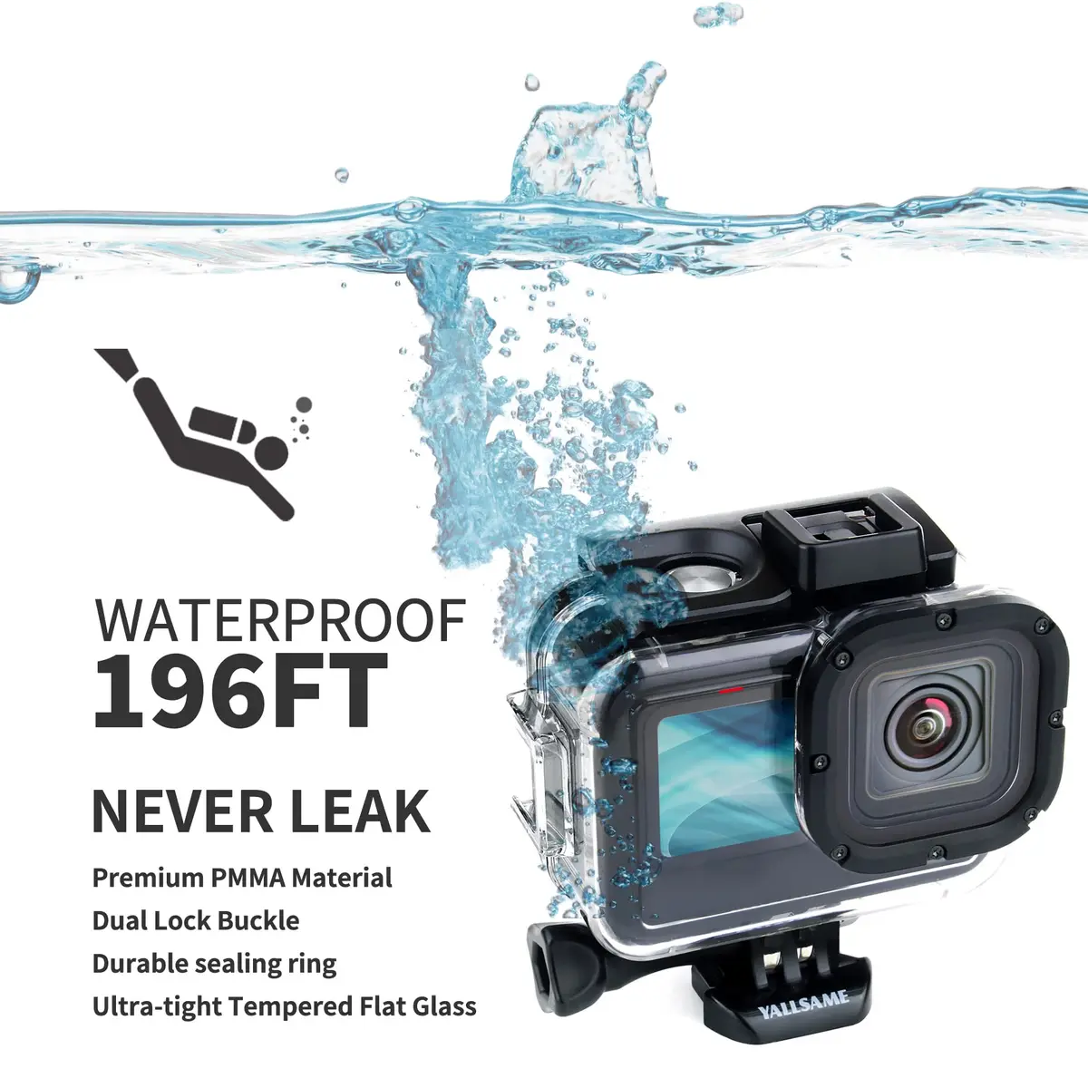 YALLSAME Waterproof Case for GoPro Hero 13 12 11 10 9 Black | 196ft Depth, Polymer Material - view 2