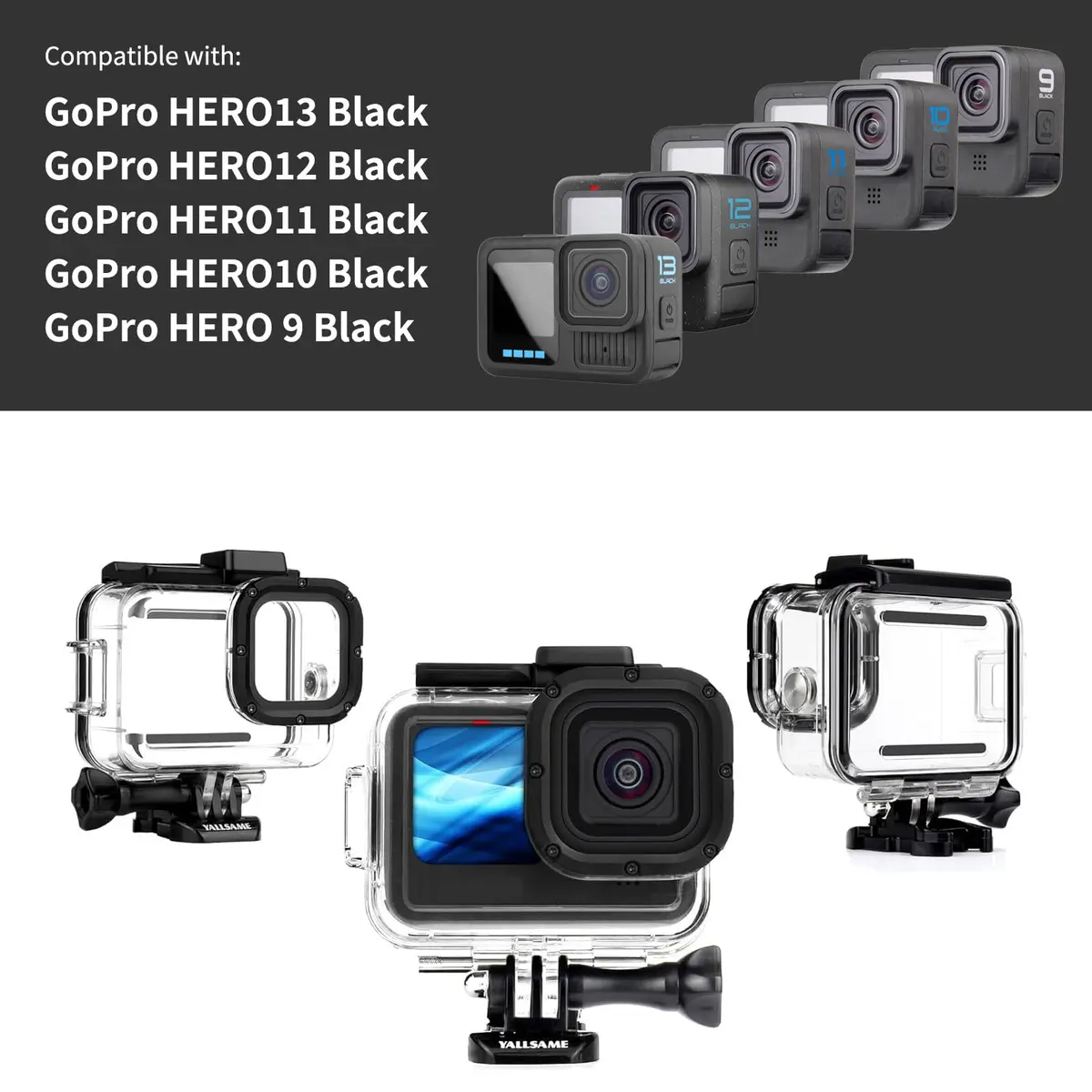 YALLSAME Waterproof Case for GoPro Hero 13 12 11 10 9 Black | 196ft Depth, Polymer Material - view 3