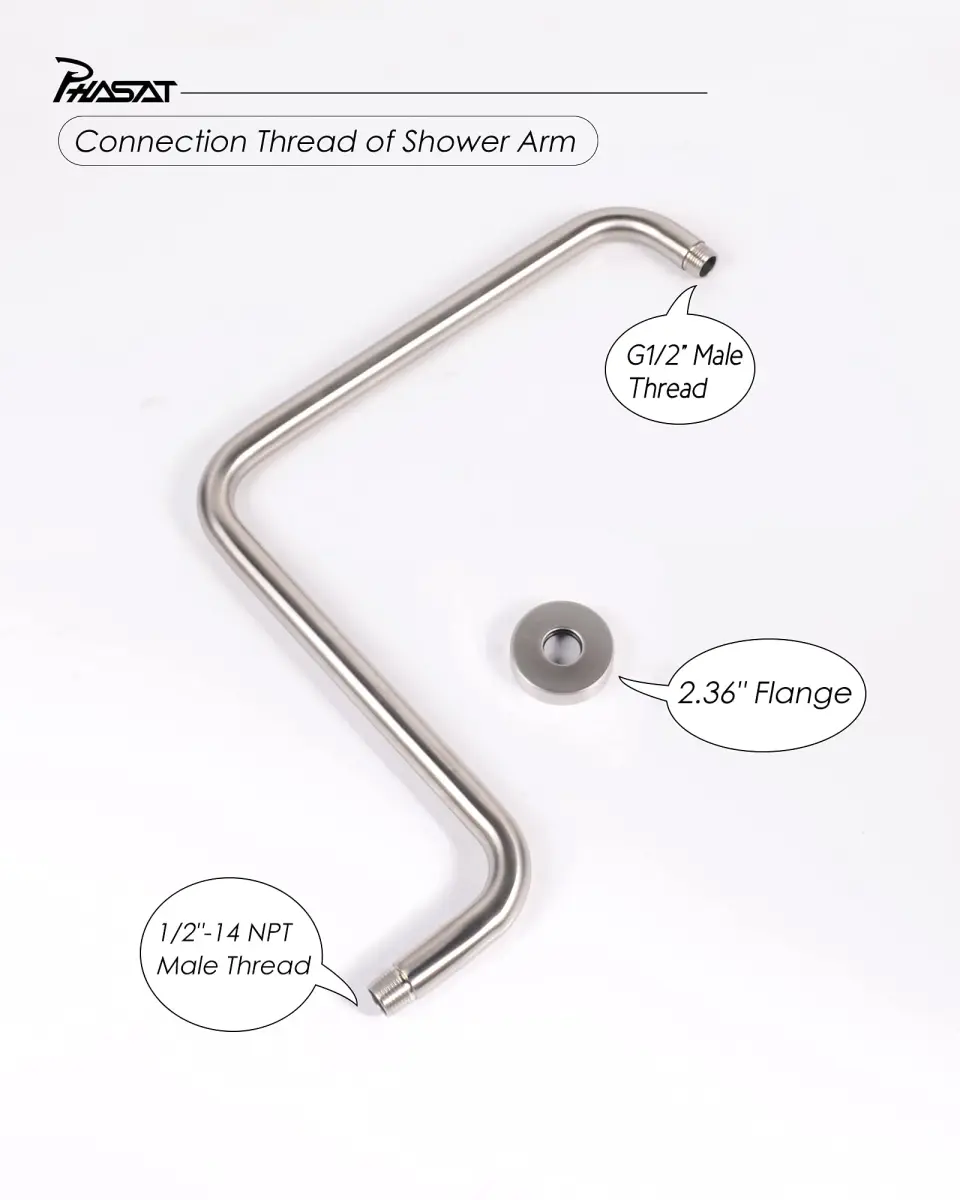 PHASAT S Shaped Shower Arm 42.3 cm (16.65 Inches) High Rise Brushed Nickel | Extends Showerhead Reach & Height - view 4