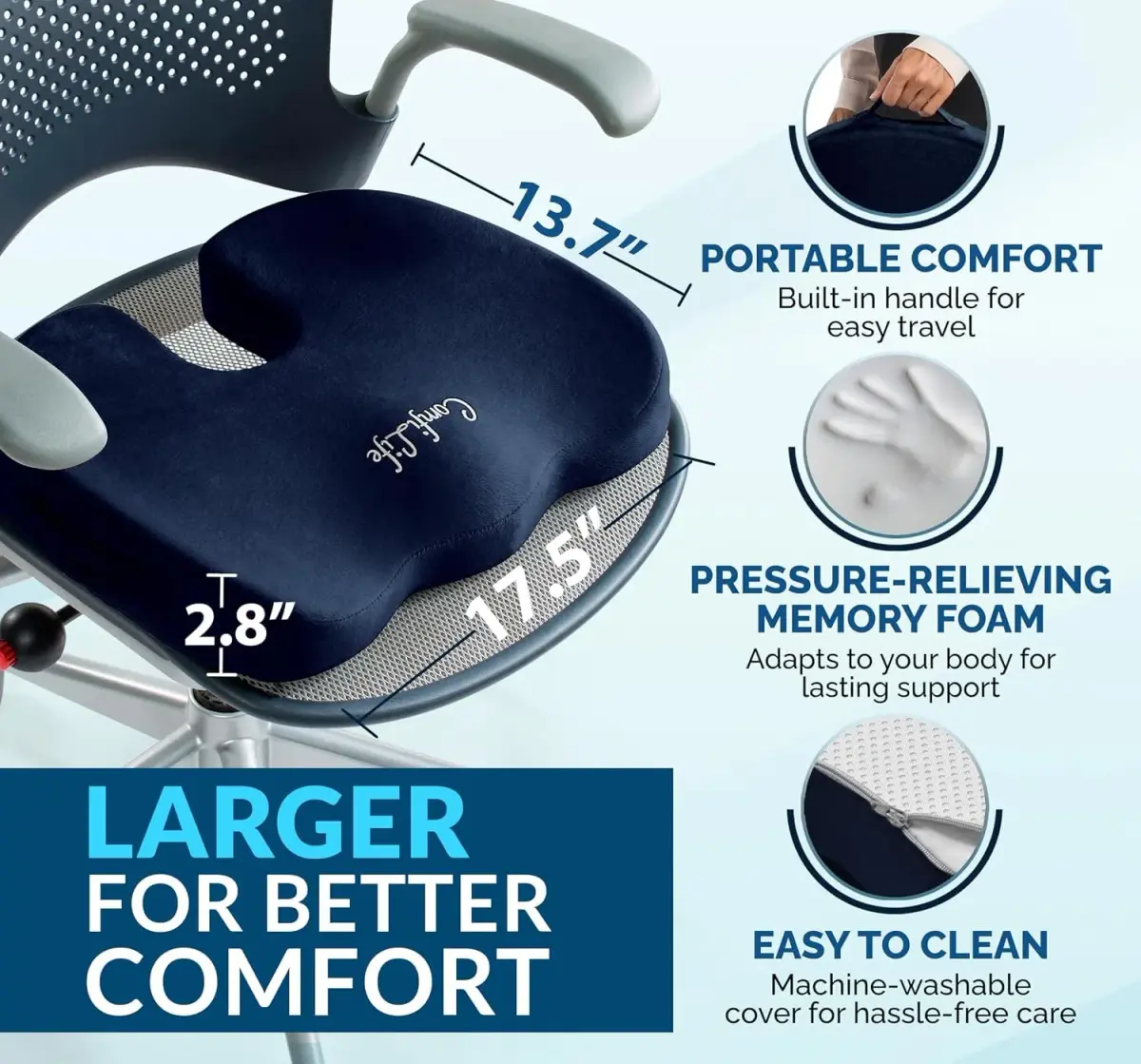 ComfiLife Gel Memory Foam Seat Cushion with Cooling Gel Layer | Ergonomic U-Shape for Back & Sciatica Relief (Navy Blue, 1 Unit) - view 6