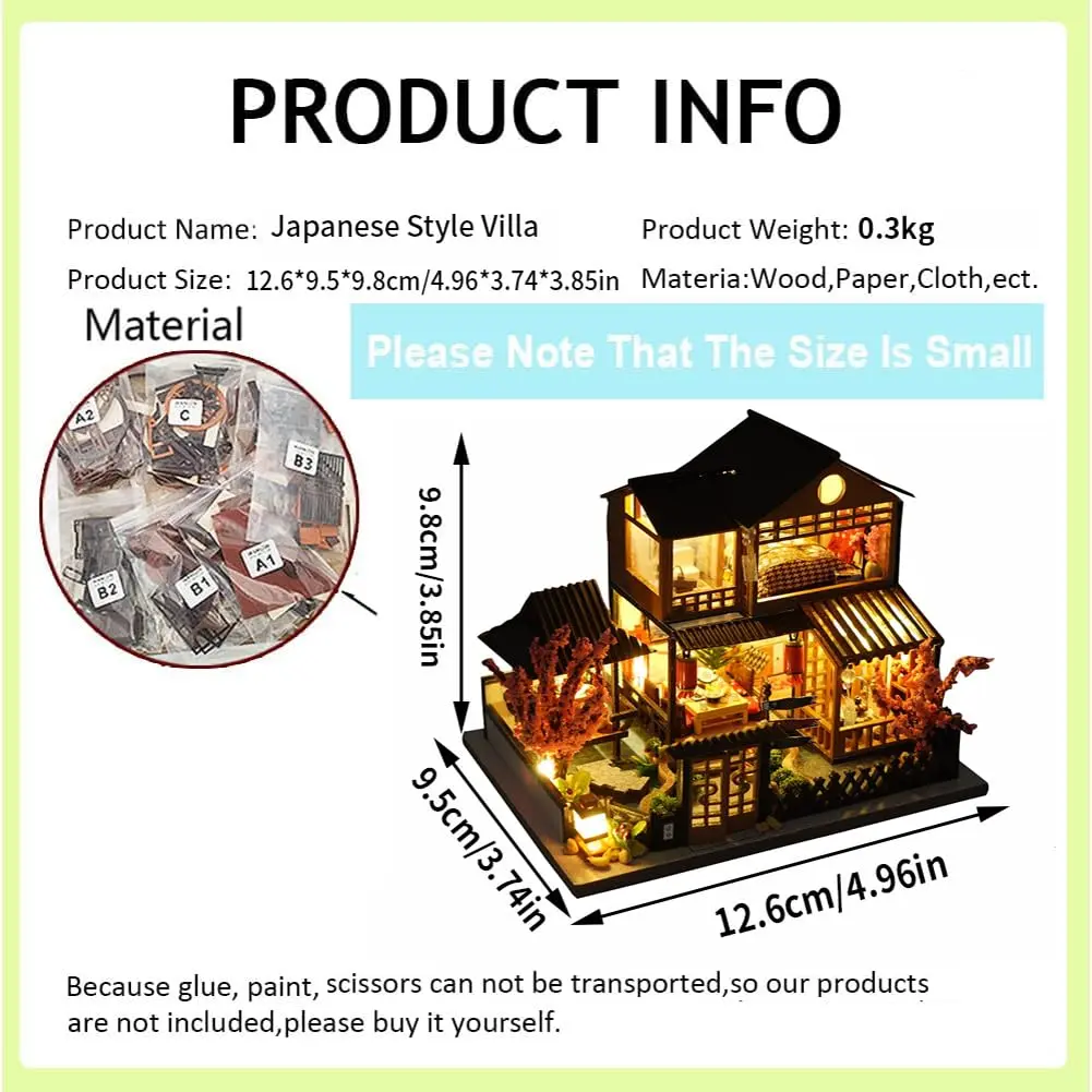 TOPBSFARNY Miniature Japanese House DIY Dollhouse Kit | 1.95" L x 1.47" W x 1.52" H (4.9cm L x 3.7cm W x 3.8cm H) - view 3