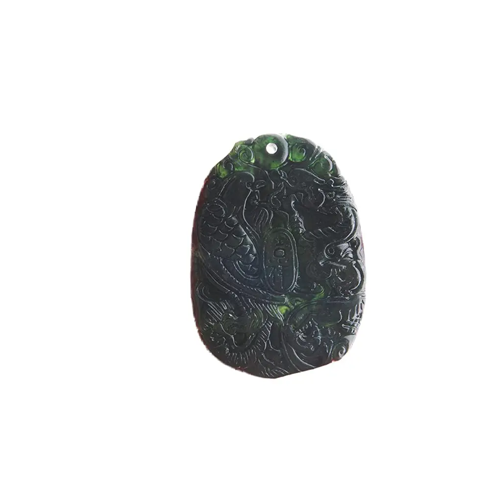 Acxico Natural Black Green Jade Carved Dragon Phoenix Necklace Pendant 5cm (2in) | Authentic USA Import - main product image