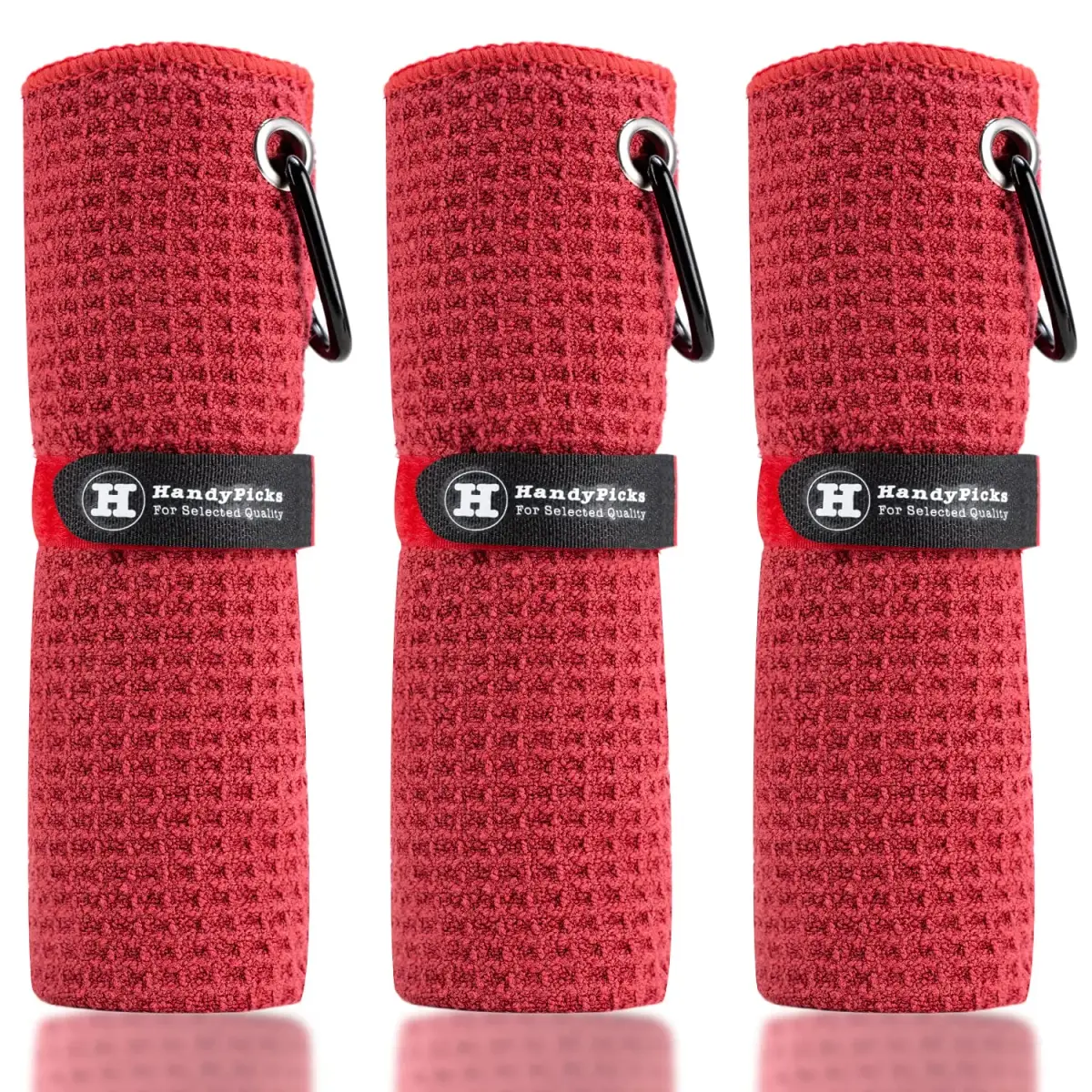 Handy Picks Microfiber Golf Towel 40cm x 40cm (16" x 16") | Pack of 3 Red Waffle Pattern with Carabiner Clip - main product image