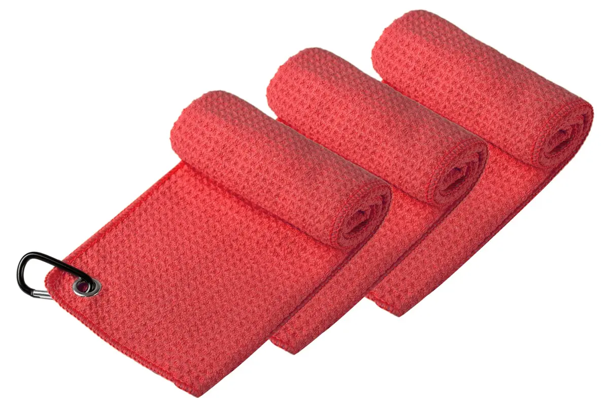 Handy Picks Microfiber Golf Towel 40cm x 40cm (16" x 16") | Pack of 3 Red Waffle Pattern with Carabiner Clip - view 2